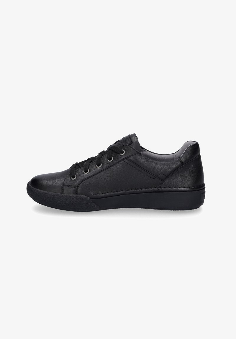 Sneaker in pelle nera con punta tonda, design con lacci, suola in gomma testurizzata e pannelli laterali lisci. Dettaglio di cucitura sottile sulla tomaia.