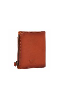 Portefeuille en cuir marron avec fermeture éclair, design minimaliste, logo embossé et bords cousus. Compact et de forme carrée.