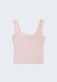 Débardeur rose clair avec encolure dégagée et larges bretelles. Fabriqué en tissu doux et extensible avec une texture lisse. Sans motifs ni accents.
