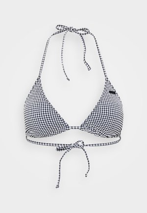 Top de bikini em padrão de gingham preto e branco, com copas triangulares, laços no pescoço tipo halter e laços nas costas ajustáveis. Tecido leve com um acabamento suave.