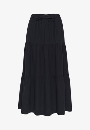 Schwarzer, gestufter Maxirock aus leichtem Material, mit elastischem Bund und Kordelzug sowie einem fließenden Design.