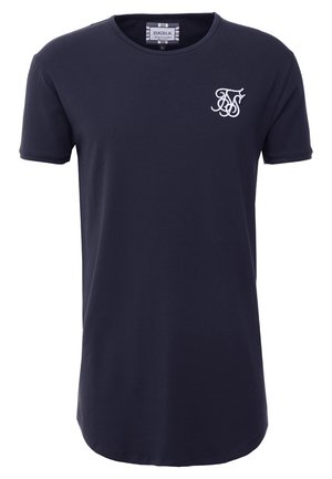 Granatowy T-shirt z krótkim rękawem, okrągłym dekoltem i małym białym wyszywanym logo na lewej piersi.