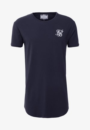 Marineblaues T-Shirt mit kurzen Ärmeln, rundem Ausschnitt und kleinem weißen, besticktem Logo auf der linken Brust.