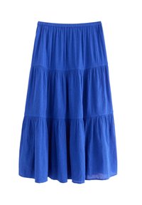 Gonna blu in pizzo a strati realizzata in un tessuto leggero e testurizzato. Presenta una vita elastica e tre strati arricciati per un effetto voluminoso.