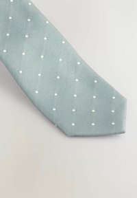 Helles blaues Halsband aus strukturiertem Stoff mit gleichmäßig verteilten weißen Punkten. Das Kravatte hat ein klassisches, spitz zulaufendes Design.