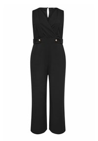 Svart jumpsuit med omslag fram, ärmlös stil, nyckelhål baktill och ett bälte med guldfärgade knappar i midjan. Vid byxa.