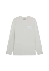 Langarmiger, weißer T-Shirt aus Baumwolle mit einem blauen Drucklogo auf der linken Brustseite und einem lässigen Schnitt.