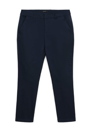 Marineblaue Slim-Fit-Hosen mit Gürtelschlaufen, Seitentaschen und einem Reißverschluss an der Vorderseite, auf einem weißen Hintergrund flach ausgelegt.