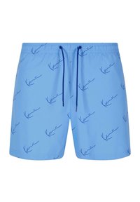 Shorts de bain bleus avec cordon de serrage, dotés d'un motif abstrait bleu répétitif sur un fond bleu clair.