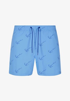 Shorts de bain bleus avec cordon de serrage, dotés d'un motif abstrait bleu répétitif sur un fond bleu clair.