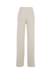 Pantalon large beige en tissu tricot doux, avec une taille haute et une coupe droite, présentant une texture lisse et uniforme sans hardware visible.
