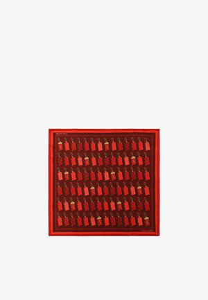 Red silk scarf featuring a pattern of red locks with gold accents, bordered with a darker red and edged in a double stripe, square shape.