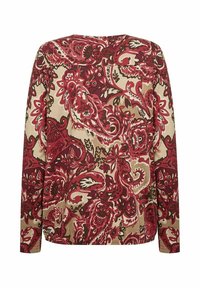 Langemouwig shirt met een rood, beige en bruin bloemig paisleypatroon en een elastische zoom aan de onderkant.