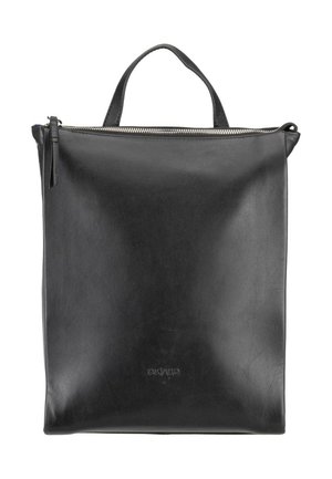 Black leather square tote bag with top zipper closure, single handle, and subtle brand logo embossed near the bottom center.