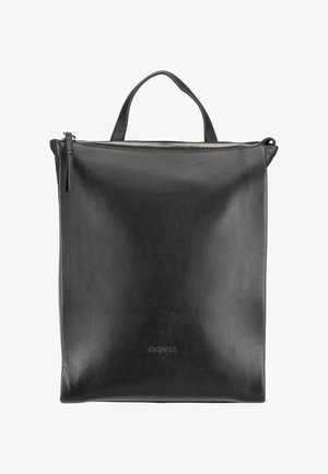 Schwarze quadratische Leder-Shopper-Tasche mit Reißverschluss oben, einem einzelnen Griff und dezentem Markenlogo, das in der Nähe der unteren Mitte geprägt ist.