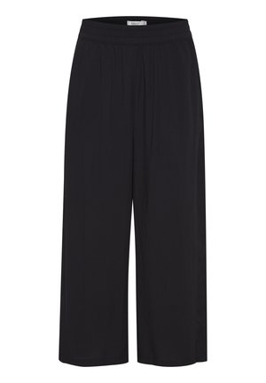 Schwarze weit geschnittene Hose aus glattem Stoff, mit einem elastischen Bund und ohne sichtbare Nähte oder Muster. Lässige, entspannte Passform.