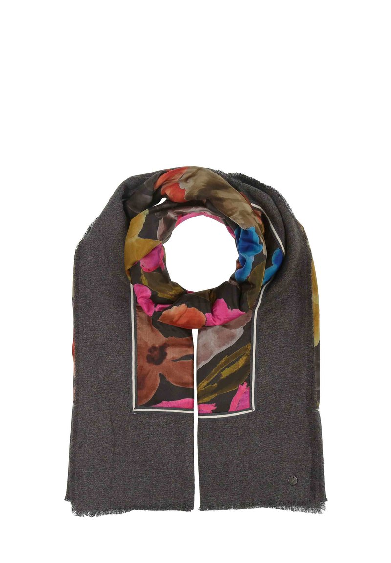 Dunkelgrauer Schal aus weichem Stoff mit einem mehrfarbigen Blumenmuster in Rosatönen, Blau und Braun, ausgestattet mit Fransen und in rechteckiger Form.