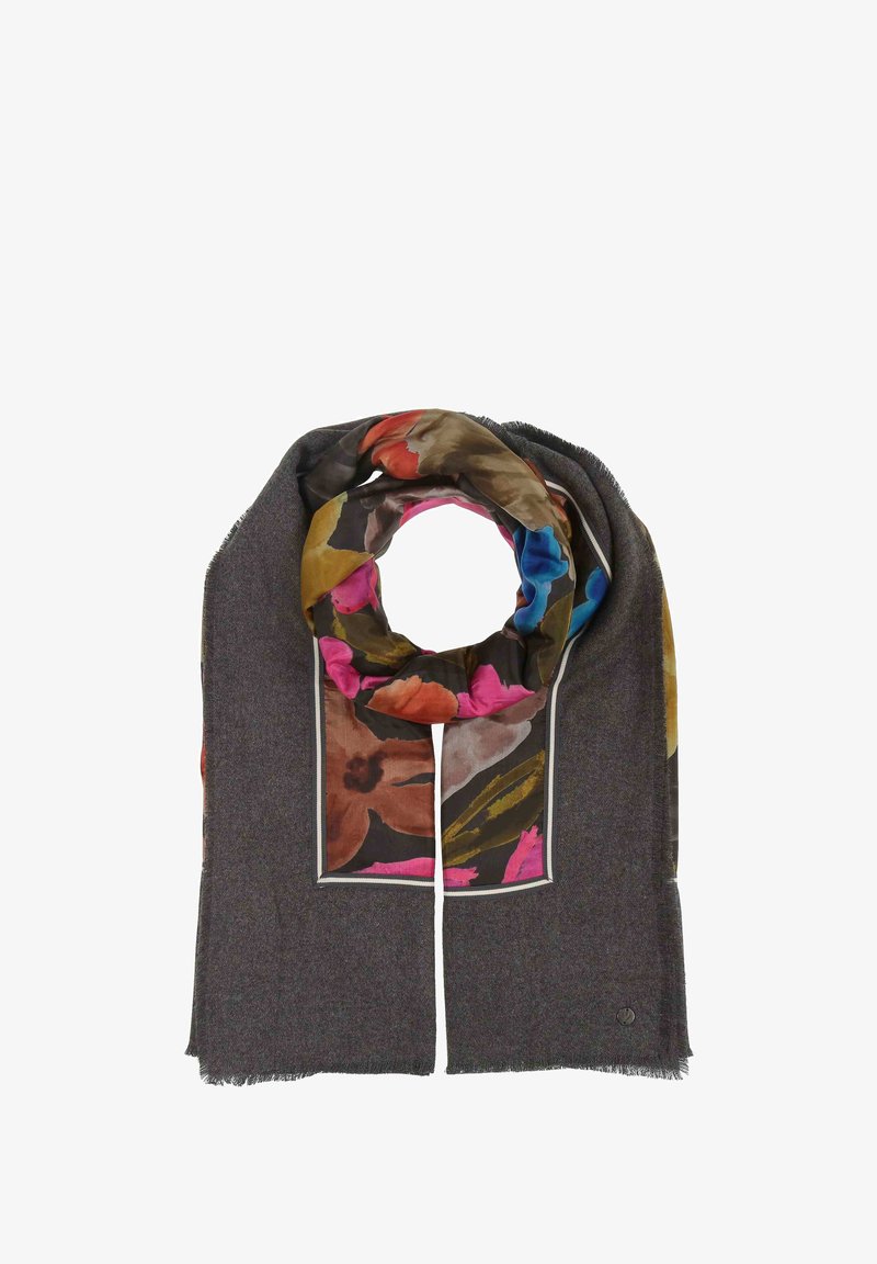 Dunkelgrauer Schal aus weichem Stoff mit einem mehrfarbigen Blumenmuster in Rosatönen, Blau und Braun, ausgestattet mit Fransen und in rechteckiger Form.
