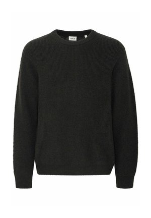 Pulover tricotat de culoare verde închis, cu guler rotund, textură cu nervuri și mâneci lungi. Are o croială lejeră, fără accesorii vizibile.