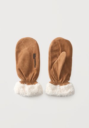 Moufles en daim marron avec des poignets blancs duveteux, une montrant le texte de la marque "Karl Lagerfeld Jeans" et l'autre montrant le côté du pouce.