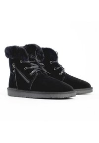 Botas negras de ante hasta el tobillo con un puño de piel sintética, cordones en la parte delantera, cremallera lateral y suela de goma plana. Diseño simple con textura suave.