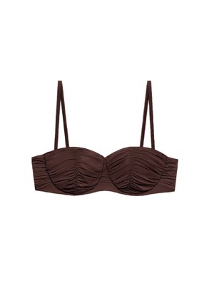 Reggiseno marrone in tessuto arricciato con coppe con ferretto e sottili spalline regolabili su sfondo bianco.