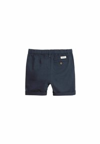 Mörkblå shorts med elastisk midja, uppvikta benslut och en liten etikett på bakfickan med en knappdetalj. Slät textur.