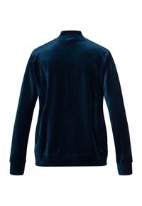 Mörkblå sammet långärmad jacka med hög krage, sidofickor och ribbade ärmslut, som visar en jämn och mjuk textur.