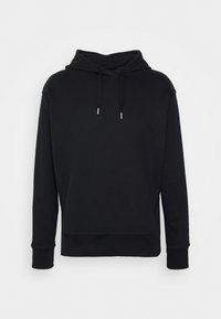 Sudadera negra con capucha hecha de una suave mezcla de algodón. Presenta una capucha ajustable, mangas largas y puños y dobladillo acanalados para un ajuste relajado.