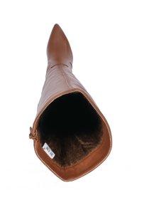 Brown leather knee-high boot with a pointed toe, featuring a soft fur lining and a side buckle for design detail.