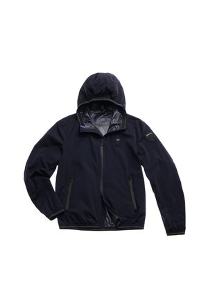 Giacca blu navy realizzata in tessuto leggero e resistente all'acqua, con cappuccio, zip frontale, due tasche laterali e una fodera interna strutturata.