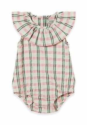 Rutig ét stykke romper i pink, hvid og grøn med en flæsekrave, korte ærmer og elastiske benåbninger. Blødt bomuldsstof.