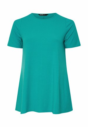 Maglietta a costine color verde acqua con maniche corte, scollo rotondo e vestibilità ampia leggermente svasata.