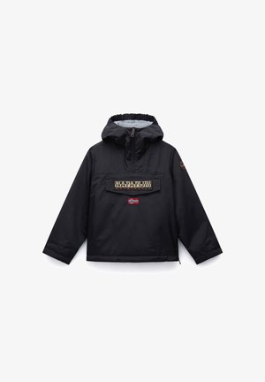 Anorak negro con capucha, que cuenta con un frente con cremallera, un bolsillo en el pecho con logo y una bandera noruega bordada. Tejido texturizado.