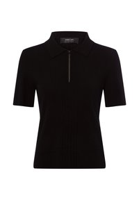 Schwarzes, geripptes Poloshirt mit kurzem Reißverschluss, kurzen Ärmeln und klassischem Kragen. Es zeichnet sich durch eine figurbetonte Passform und eine strukturierte Stoffoberfläche aus.