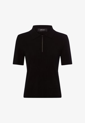 Polo noir côtelé avec une courte fermeture éclair, des manches courtes et un col classique. Présente une coupe ajustée et un tissu texturé.