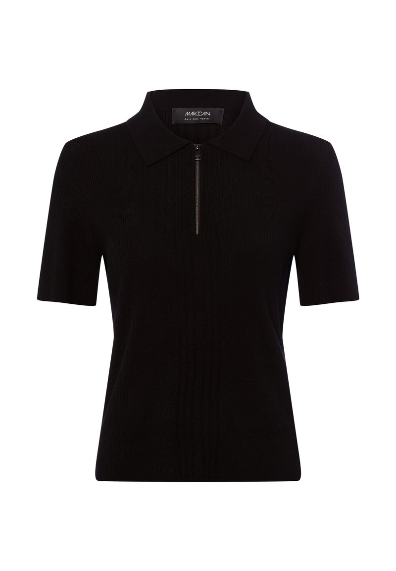 Schwarzes, geripptes Poloshirt mit kurzem Reißverschluss, kurzen Ärmeln und klassischem Kragen. Es zeichnet sich durch eine figurbetonte Passform und eine strukturierte Stoffoberfläche aus.