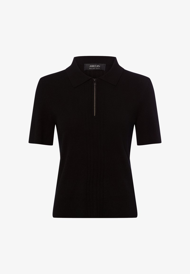 Schwarzes, geripptes Poloshirt mit kurzem Reißverschluss, kurzen Ärmeln und klassischem Kragen. Es zeichnet sich durch eine figurbetonte Passform und eine strukturierte Stoffoberfläche aus.