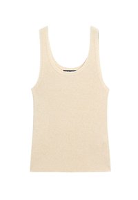 Top in maglia beige a coste con scollatura a barca, spalline larghe e silhouette aderente. Realizzato in un morbido tessuto testurizzato.