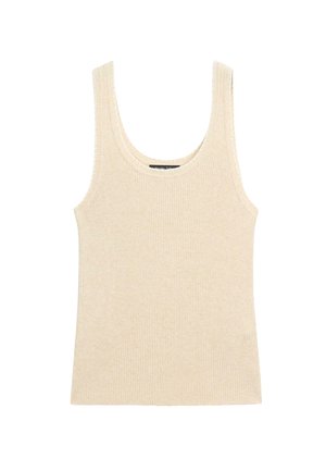 Débardeur beige à côtes avec un décolleté arrondi, des bretelles larges et une silhouette ajustée. Fabriqué à partir d'un tissu doux et texturé.