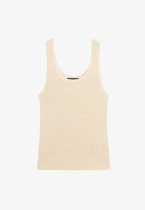 Beige ribbet tanktop med en rund udskæring, brede stropper og en tætsiddende silhuet. Fremstillet af et blødt, tekstureret stof.