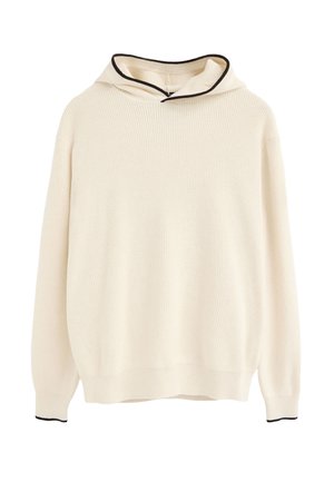 Sudadera con capucha de punto color crema con mangas largas, con ribete negro en el borde de la capucha y los puños.