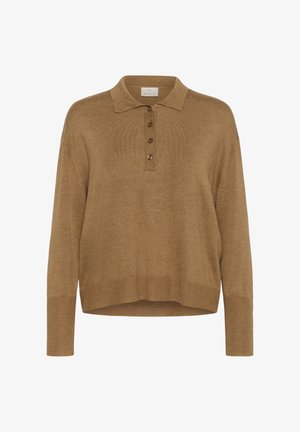 Pull en tricot marron avec un col et une patte de boutonnage, présentant des manches longues. Texture douce et design à ourlet court.