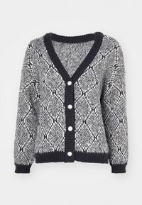 Grijze en zwarte gebreide cardigan met een V-hals, geribbelde manchetten en vijf decoratieve knopen aan de voorkant. Dikke brei textuur.