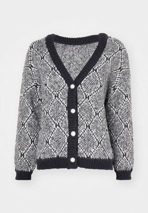 Grey and black patterned cardigan with a V-neck, ribbed cuffs, and five decorative buttons down the front. Chunky knit texture.