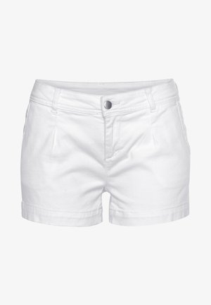 Valged puuvillased lühikesed püksid, millel on sportlik lõige, esiseotud nööbid, kaks eesmist taskut ja mansetid. Sile tekstuur.