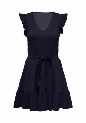 Czarna sukienka bez rękawów z dekoltem w serek, falbanianymi krótkimi rękawkami, wiązanym paskiem w talii i rozkloszowanym falbanianym dołem.