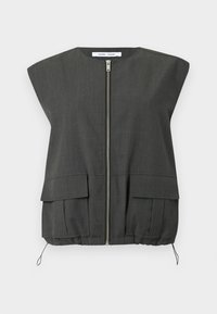 Sivá bezrukávová vesta so zipsom vpredu, dvoma prednými vreckami, elastickým lemom a mierne štruktúrovanými ramenami. Vyrobená z textúrovaného materiálu.