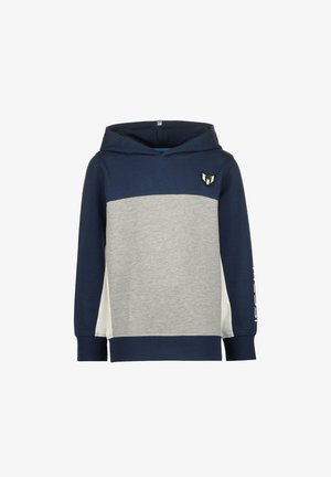 Marineblauer und grauer Hoodie mit langen Ärmeln, einer Fronttasche und Logodetail. Hergestellt aus weichem Stoff mit einem Design in kontrastierenden Farbkombinationen.