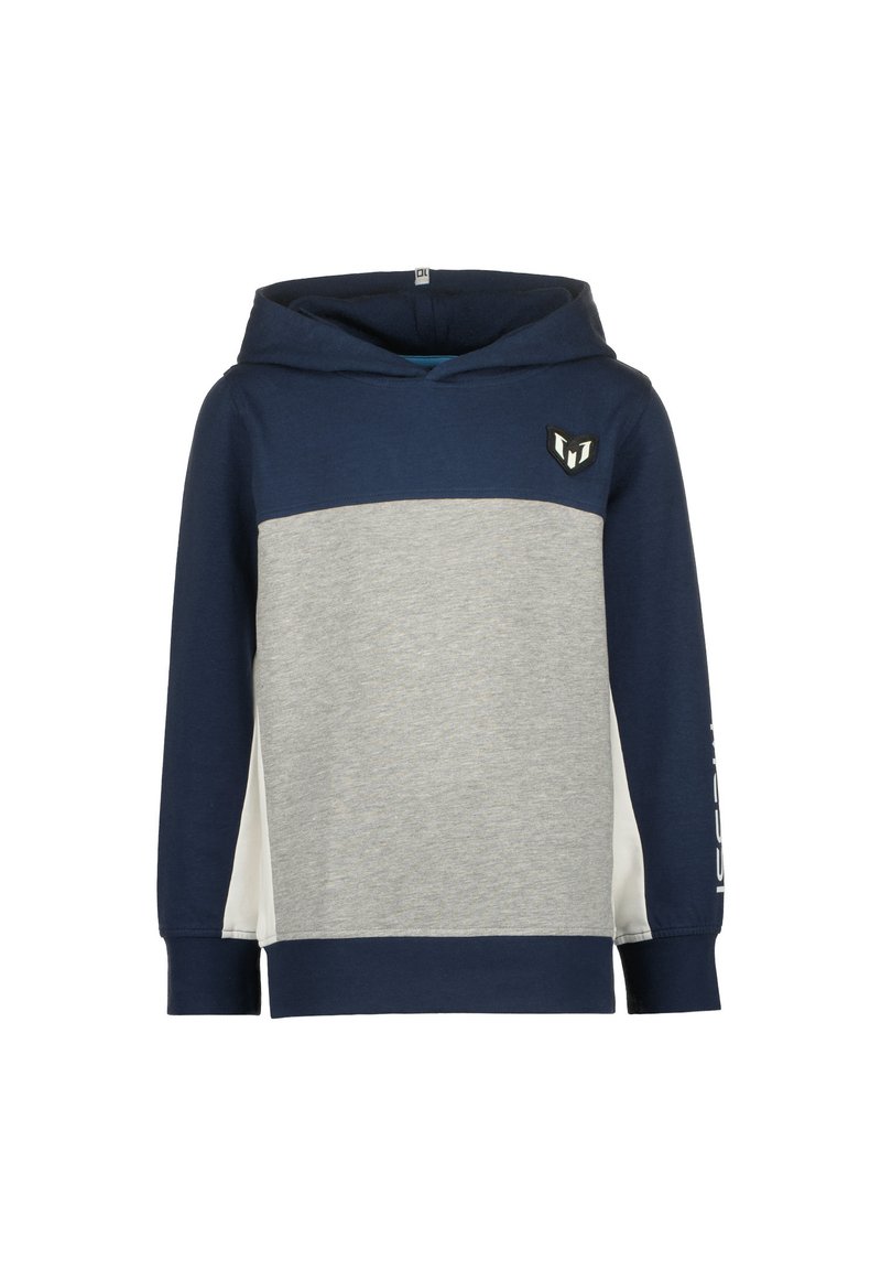 Felpa con cappuccio blu navy e grigia, maniche lunghe, tasca frontale e dettagli con logo. Realizzata in morbido tessuto con un design a blocchi di colore a contrasto.